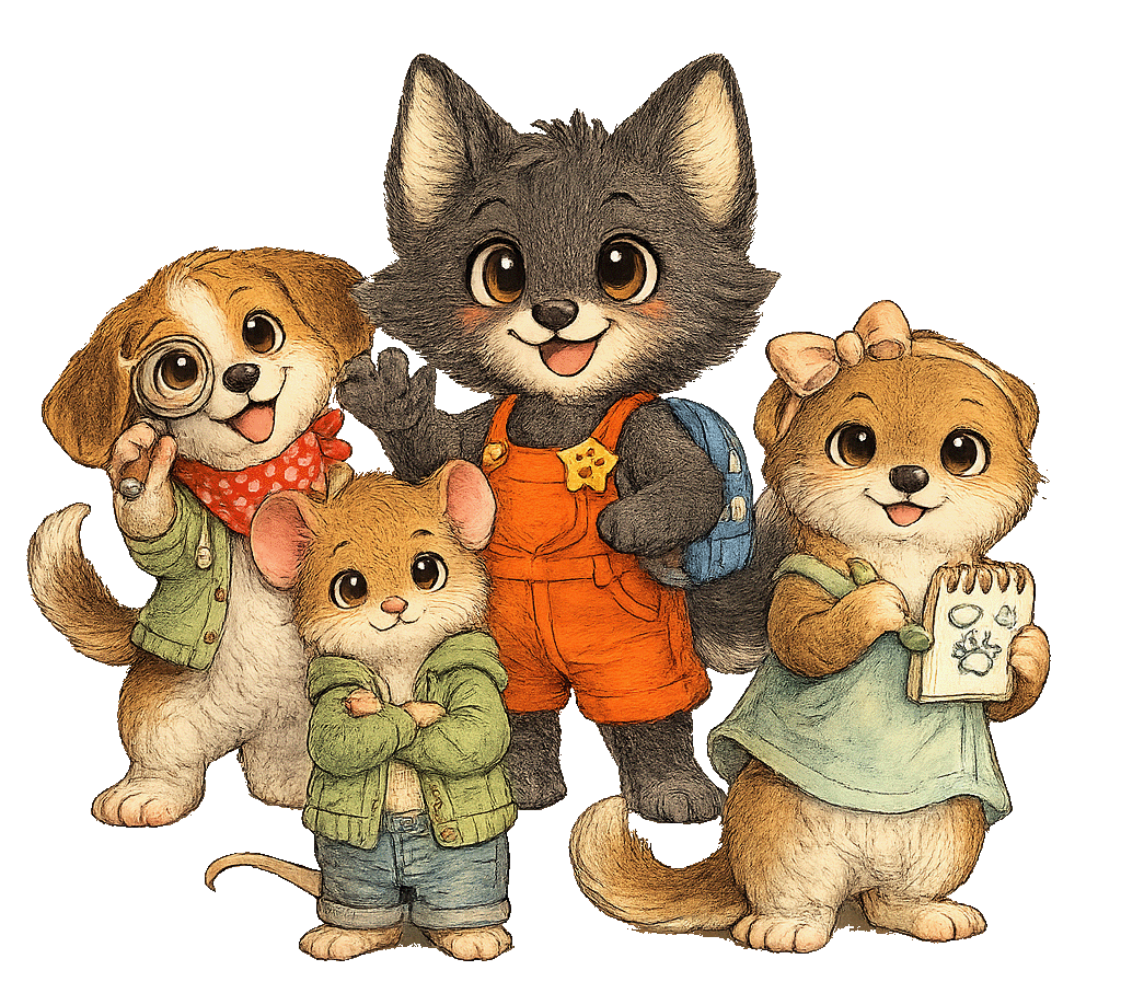 Riley the Fox with her magnifying glass and friends